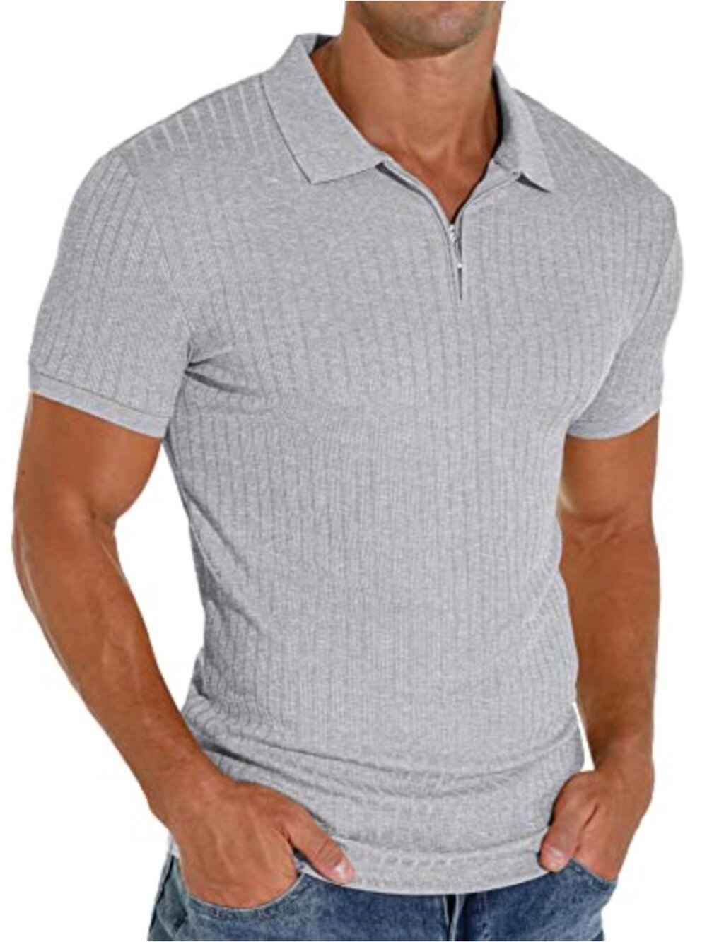 Men's Slim Fit Zip Polo Shirt Textured Stretch Short Sleeve Golf Casual
